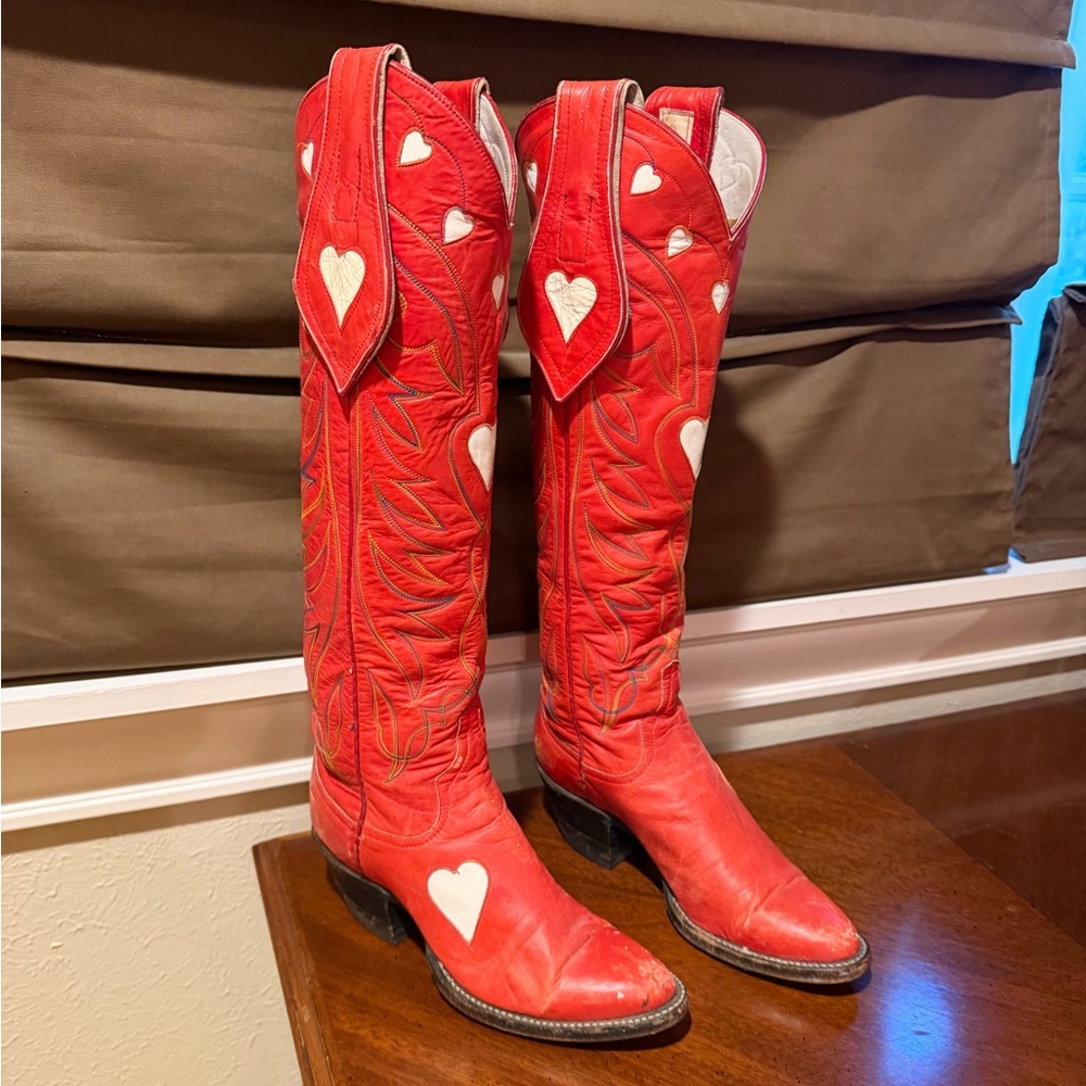Larry Mahan Red and White Hearts knee high Cowboy Boots